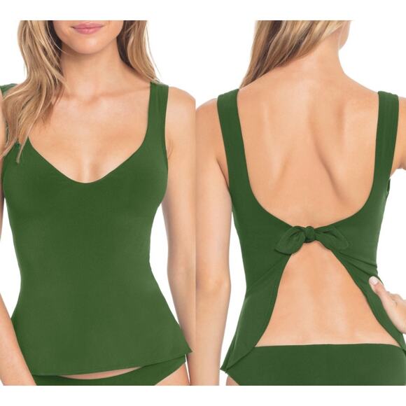 ROBIN PICCONE Ava Tie Back Tankini Top Size Small NWOT Green Open Back Swim NEW - Picture 1 of 15